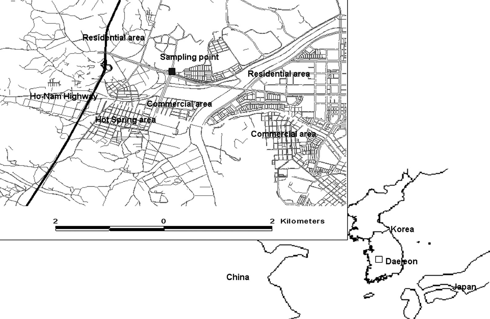 Areal maps for both Daejeon in Korea and Gung-dong sampling site.