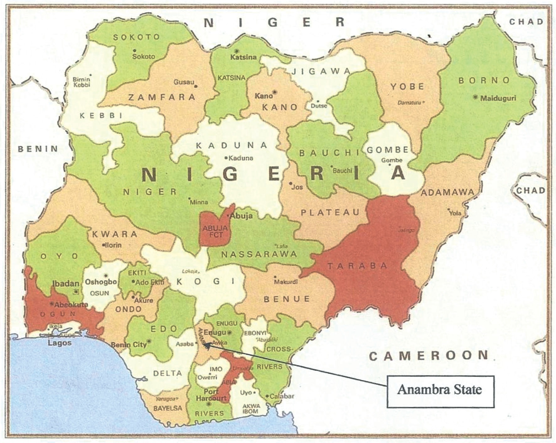 Map of Nigeria with study area in Anambra State indicated.