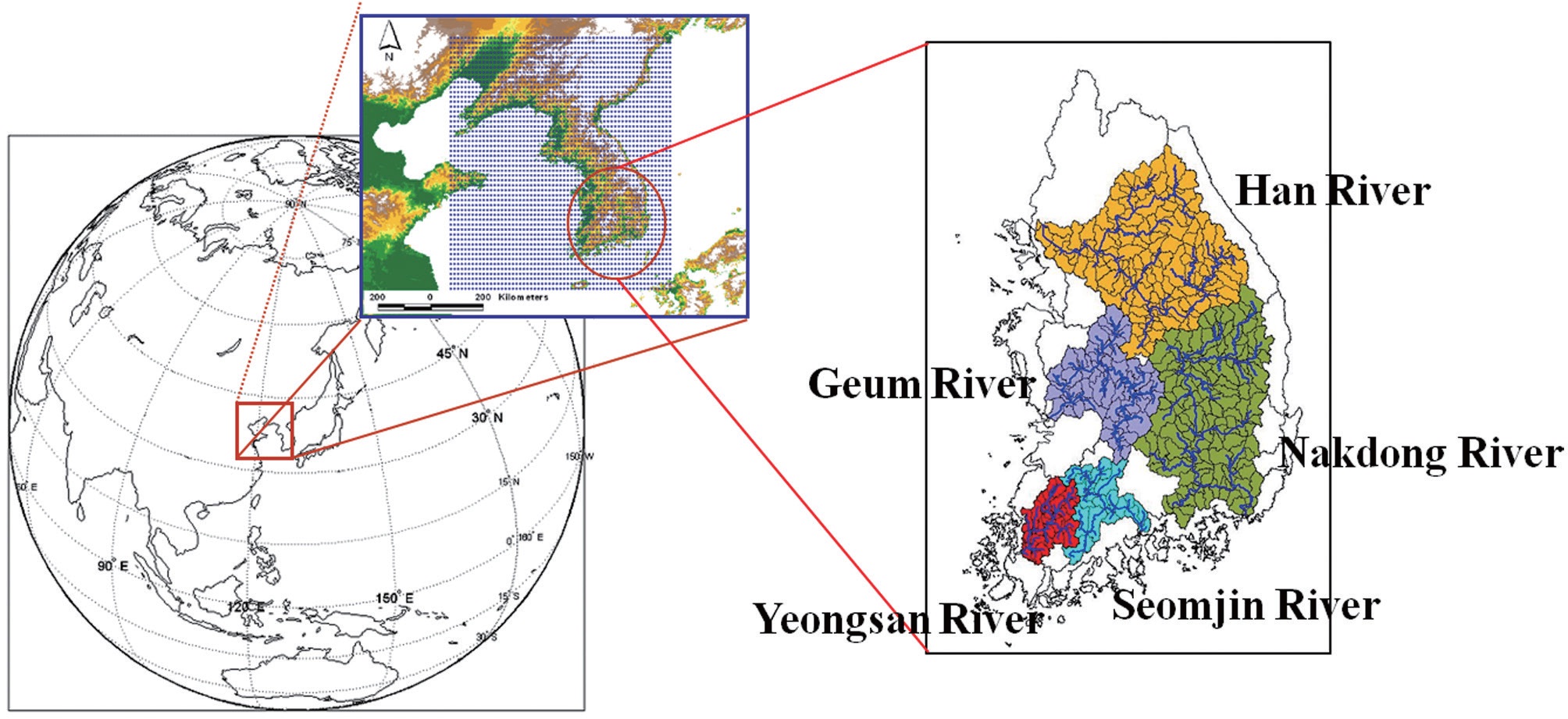 Five river basins in Korea.