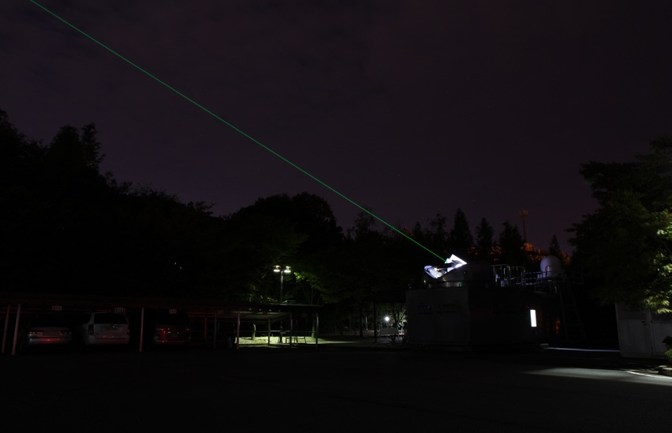 Figure shooting laser into the sky for pointing alignment between the transmitting telescope and the receiving telescope.