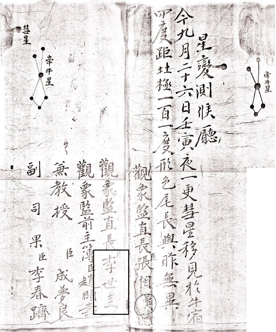 A comet record on the twenty sixth day of the ninth month of the 1723 SeongbyeonDeungrok. Yi Se-gyu’s name (李世圭) is seen barely in the second from right among five observers (Courtesy of Yonsei University Library).