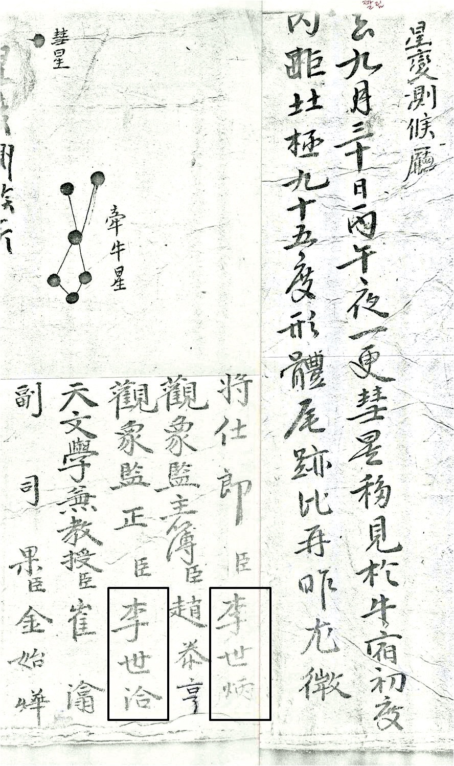 A comet record on the thirtieth day of the ninth month of the 1723 SeongbyeonDeungrok. Two names, Yi Se-byeong (李世炳) and Yi Se- heup (李世洽), are seen in the first and the third from right among five observers (Courtesy of Yonsei University Library).
