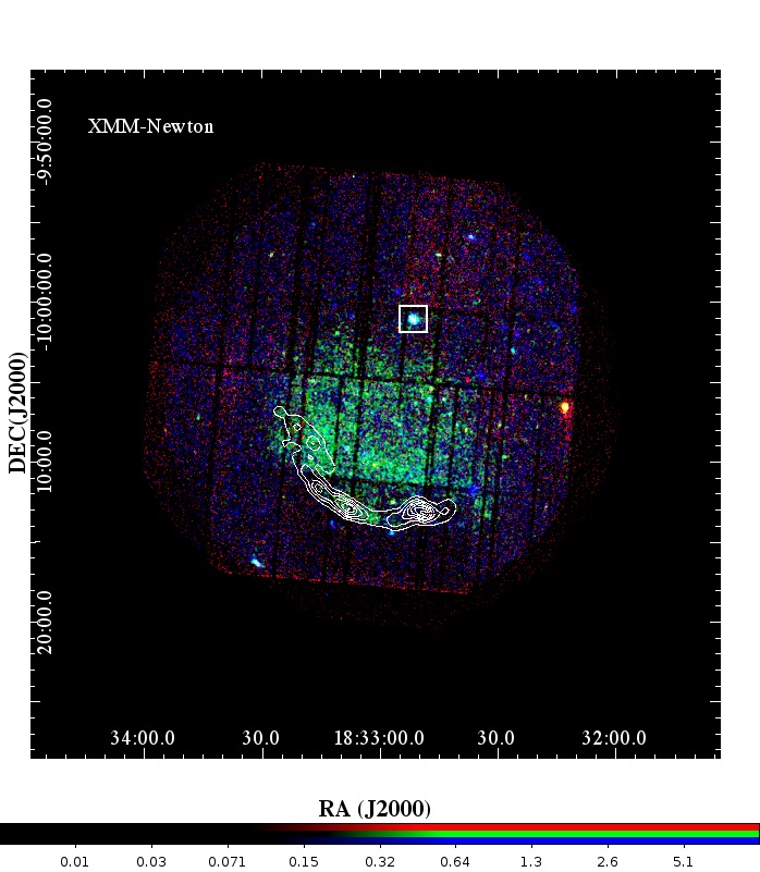 X-ray color image of a 25′×25′ FoV toward the supernova remnant Kes 69 with MOS1/2 and PN data merged (red: 0.3？1 keV, green: 1 ？ 2 keV, blue: 2 ？ 12 keV). Radio contours as observed by Very Large Array (VLA) at 1.4 GHz are overlaid for comparison. The X-ray emission is well correlated with the radio shell on south edge. The bright source as highlighted by the white box is XGPS-I J183251-100106/2XMM J183251.4-100106 which is found to be a serendipitous magnetic CV detected in this field (Hui et al. 2012a).