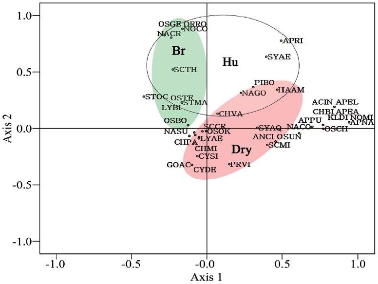 Principal component analysis plot of aerial algae from 24 stoneworks in Korea during 2009 to 2010. Br, bryophyte coverage; Hu, humidity; Dry, negative correlation between humidity and canopy. ACIN, Achnanthes inflata; APEA, Aphanocapsa eachista; ANCI, Anabaena circinalis; APEL, Aphanocapsa elachista var. plantorica; APNA, Aphanothece naegelii; APPU, Aphanocapsa pulchra; APRI, Aphanocapsa rivularis; CHBI, Chroococcus bituminosus; CHMI, Chroococcus minutus; CHPA, Chroococcus pallidus; CHVA, Chroococcus varius; CYDE, Cymbella delicatula; CYSI, Cymbella sillesiaca; GOAC, Gomphonema acuminatum; HAAM, Hantzschia amphioxys; KLDI, Klebsormidium dissectum; LYAE, Lyngbya aerugineocoerulea; LYBI, Lyngbya birgei; NACO, Navicula contenta; NACR, Navicula crytocephala; NAGO, Navicula goeppertiana; NASU, Navicula subminuscula; NOCO, Nostoc commune; NOMI, Nostoc microscopicum; ORRO, Orthoceira roeseana; OSBO, Oscillatoria boryana; OSCH, Oscillatoria chlorina; OSGE, Oscillatoria geminata var. subphurea; OSOK, Oscillatoria okeni; OSTE, Oscillatoria terebriformis; OSUN, Oscillatoria uncinata; PIBO, Pinnularia borealis; PRVI, Protococcus viridis; SCCR, Scytonema crispum; SCMI, Scytonema coactile var. minor; SCTH, Scytonema coactile var. thermalis; STMA, Stigonema mamillosum; STOC, Stigonema ocellatum; SYAE, Synechococcus aeruginosus; SYAQ, Synechocystis aquatilis.