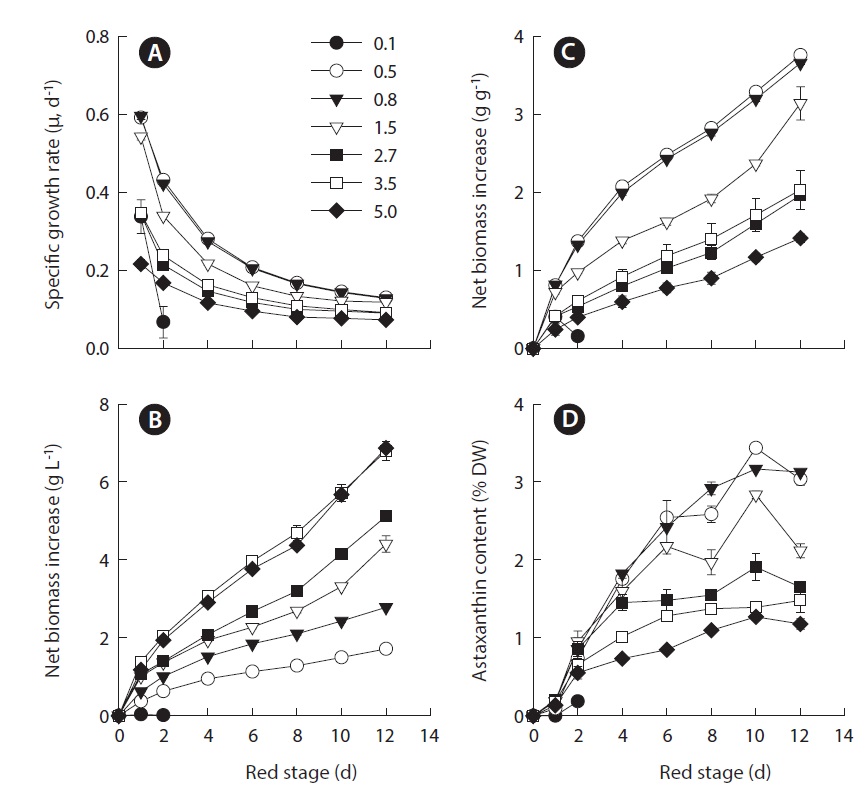 Effects of initial biomass densities (IBDs) on the growth and astaxanthin content of Haematococcus pluvialis in nitrogen-deplete culture medium under outdoor conditions. (A) The specific growth rate (μ d-1) as a function of IBD and time at the red stage. (B) Net volumetric biomass increase (g L-1) as a function of IBD and time at the red stage. (C) Net biomass increase (g g-1) as a function of time on a per IBD basis. (D) Cellular astaxanthin content (% DW) as a function of IBD and time at the red stage. Data were means ± standard deviations of six measurements from three individual columns (two measurements per column). The values in the legend represent different IBD treatments (g L-1).