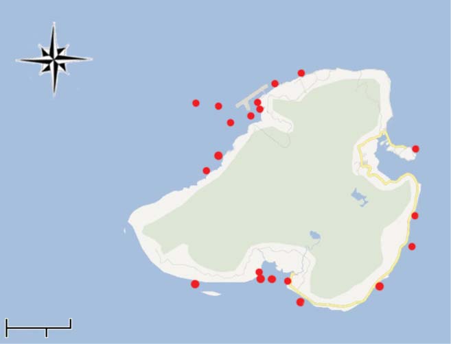 A map showing the Kosrae collection sites.