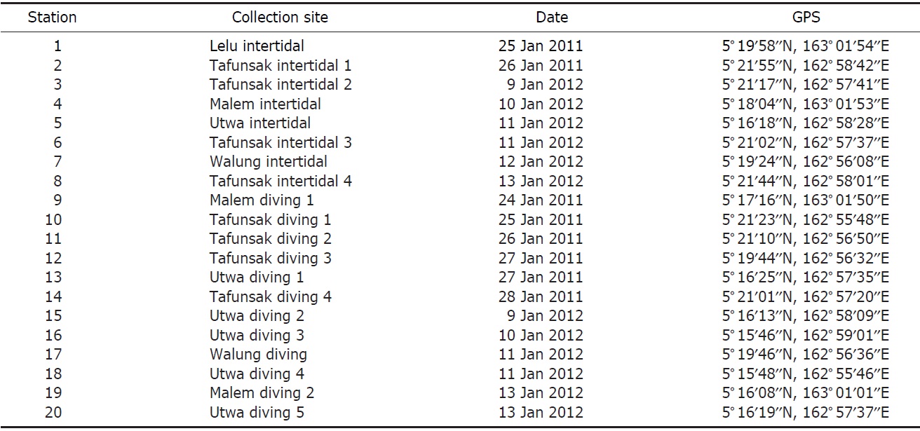 Geological information for the collection sites around Kosrae