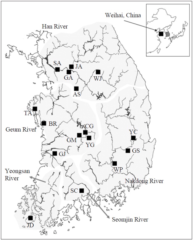 A map denoting the sampling locations in this study and the major river systems. AS, Anseong; BR, Boryeong; CG, Chogang; GA, Gyeongan; GJ, Gimje; GM, Geumsan; GS, Gyeongsan; JA, Joan; JD, Jindo; SA, Sangam; SC, Sooncheon; TA, Taean; WJ, Wonju; WP, Woopo; YC, Yeongcheon; YG, Yanggang.