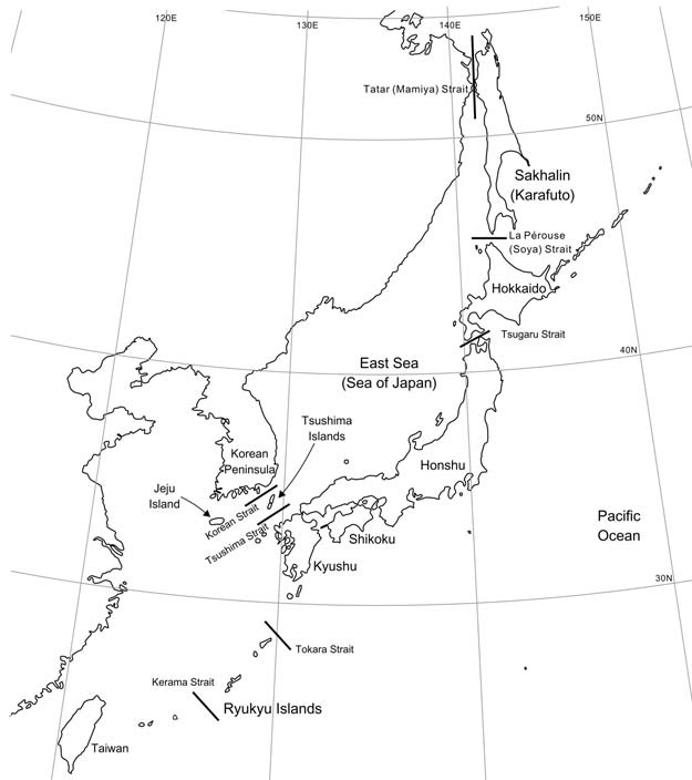 A diagram for configurations of islands around the Japanese archipelagos (Sakhalin [Karafuto], Hokkaido, Honshu, Shikoku, Kyushu, Tsushima, Ryukyu, Jeju, and Taiwan Islands) and major straits (Tatar [Mamiya], La Perouse [Soya], Tsugaru, Tsushima, Korean, Tokara, and Kerama Straits).