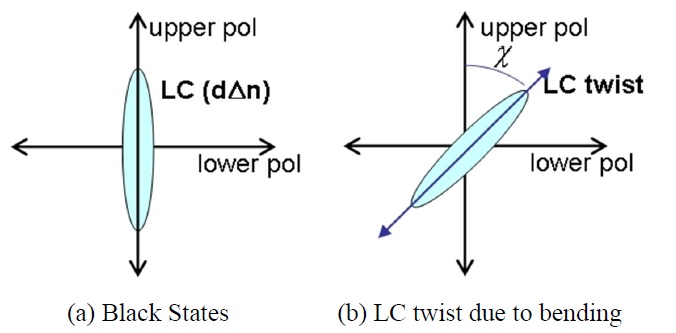 Liquid crystal molecule in ‘black’ state (a) is twisted into state (b) by an external force applied to the LCD panel, leading to light leakage.