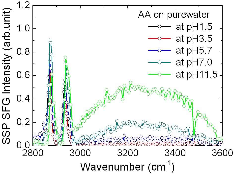 SF spectra of arachidic acid monolayer on pure water at pH 1.5 (black), 3.5 (red), 5.7 (blue), 7.0 (dark cyan), and 11.5 (green), respectively. All of the spectra were taken in SSP (S-polarization in SF signal, S-polarization in visible, and P-polarization in IR) polarization combination.