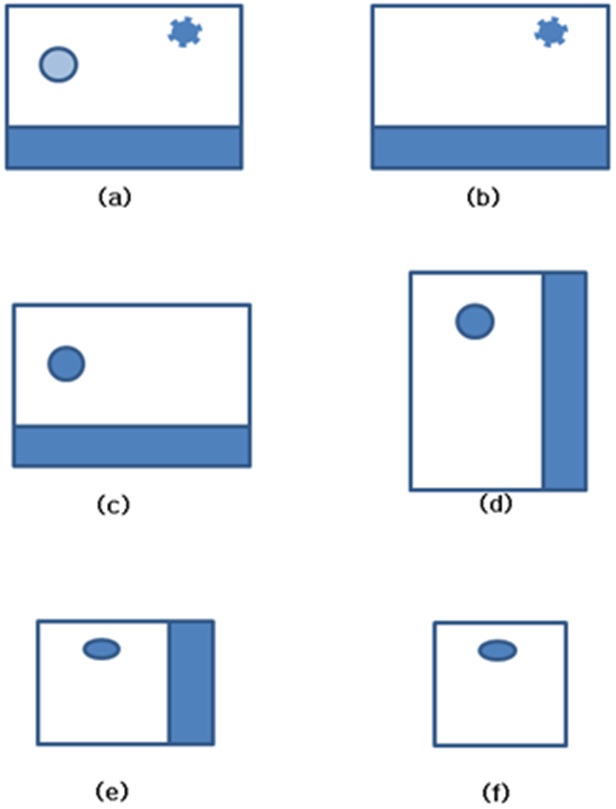 Each step of image processing. (a) an original captured image, (b) a reference image, (c) a subtracted image, (d) a position-corrected image, (e) a size-corrected image, and (f) final corrected image.