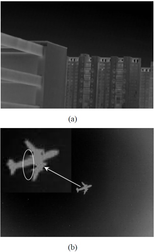 Two outdoor experiments carried out at night for different targets: (a) the image of buildings (the distance is about 2 km); (b) the image of an air bus and its amplification.