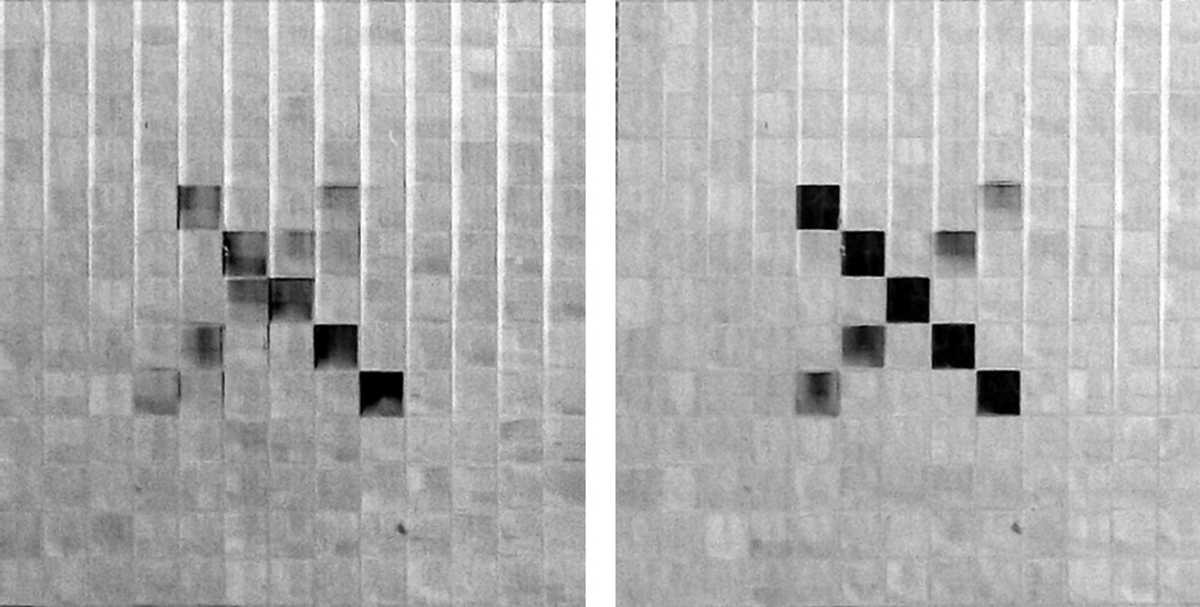 Photographs of the displayed synthesized image of two spatial skew lines ±45° Fig. 7(a) in the first and third planes (13×13 cells). The image is displayed with using lenticular plates. The photographs are taken by a camera moved horizontally.