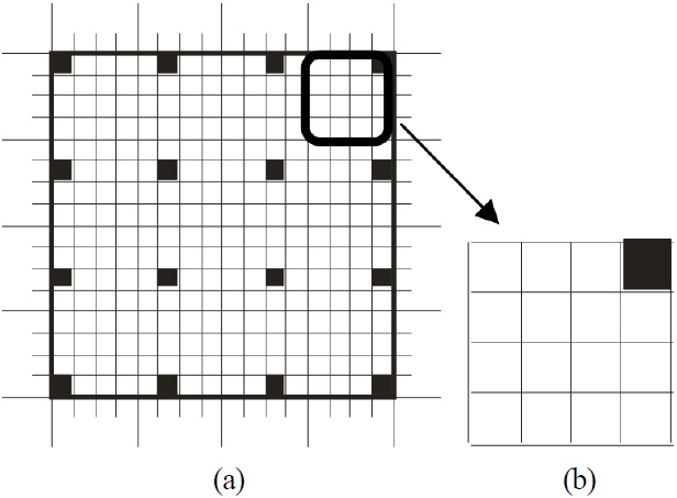 (a) A pattern 4 × 4 cells with cells 4 × 4 pixels; (b) one exact 1/4 of cell of 4 pixels at the corner magnified.