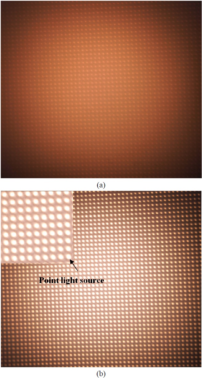 Captured image of light distribution at focal length of lens array on (a) 2D mode and (b) 3D mode.