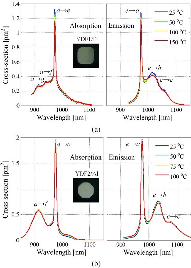 Calculated absorption and emission cross-sections for (a) YDF1/P and (b) YDF2/Al for different temperature conditions. Inset: Fiber facet images of YDF1/P and YDF2/Al.