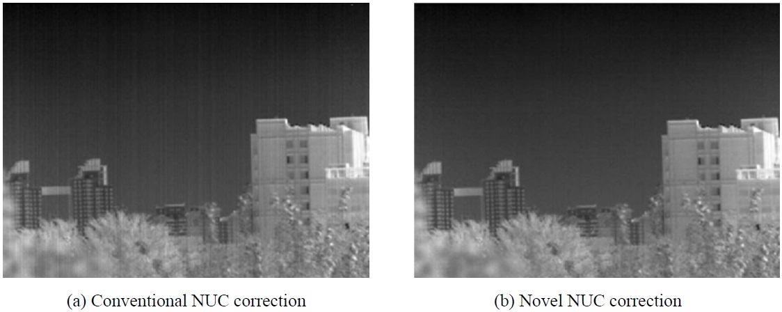 Conventional and novel NUC correction comparison using medium-wave cooled detector.
