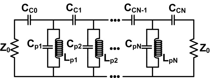 Schematic of the Nth order capacitively coupled Chebyshev bandpass filter.