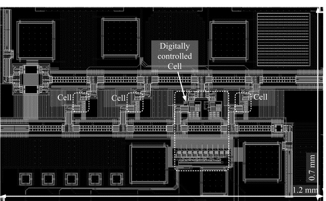 Layout (core) of the programmable gain distributed amplifier with controlled 0.5 dB gain steps in a 130 nm BiCMOS process.