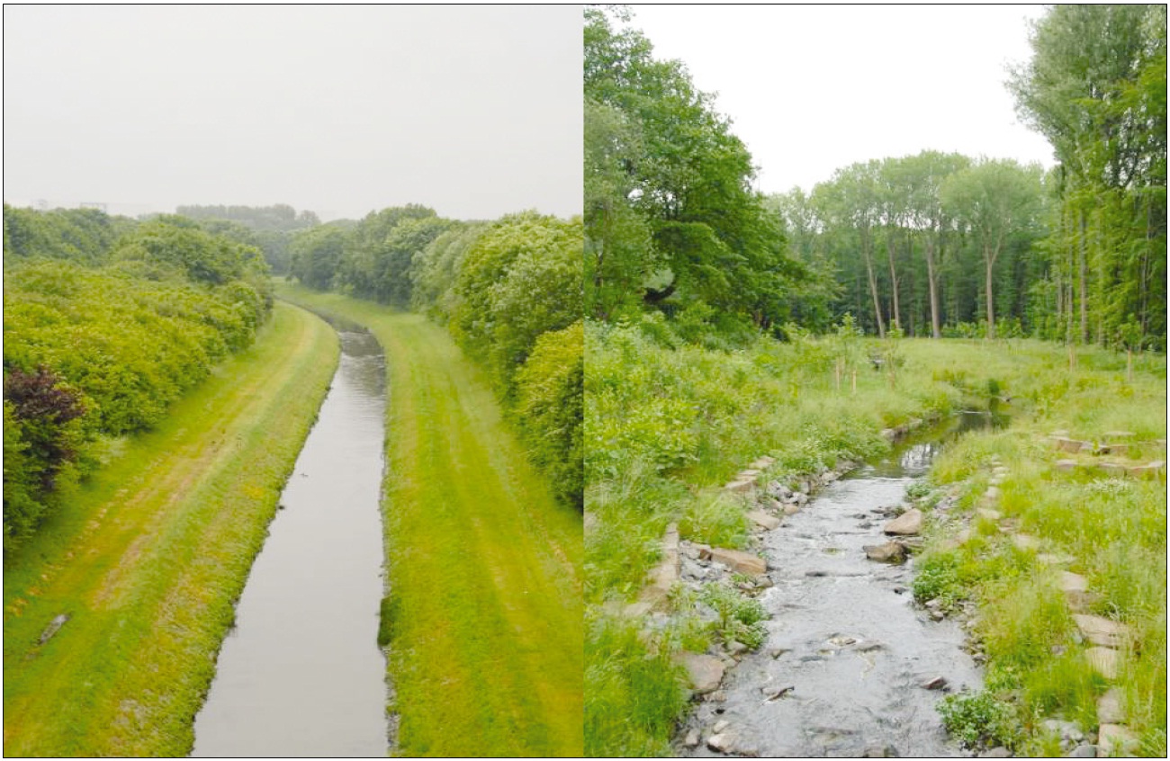 Emscher river before (left) and after (right) its renaturation in the city of Dortmund (Photos: Gruehn 2012)