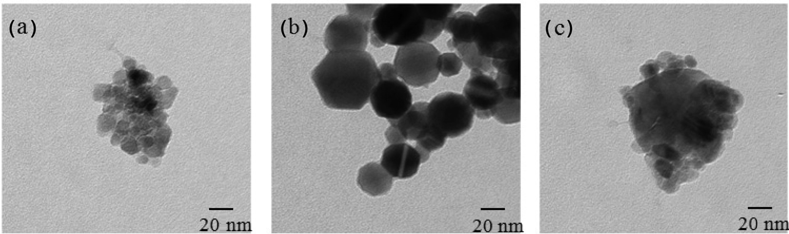 The TEM images of TiO2 particles obtained according to calcination temperatures, (a) 500 ℃, (b) 600 ℃, (c) 800 ℃.