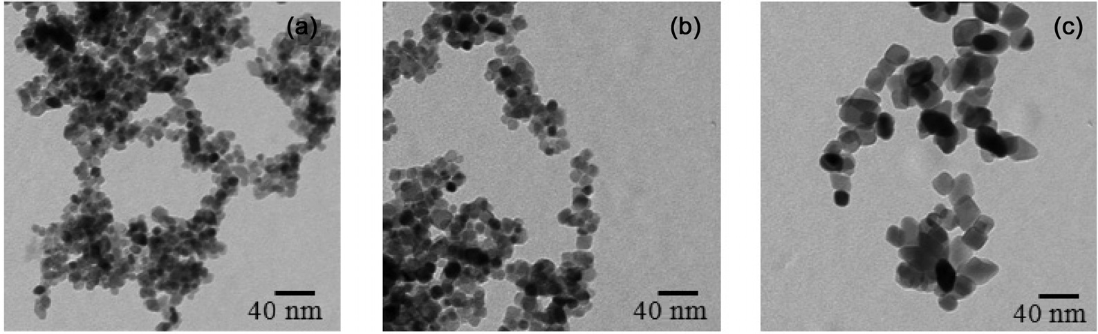 The TEM images of TiO2 particles obtained using solvothermal method at different pHs, (a) pH = 3, (b) pH = 7, (c) pH = 11.