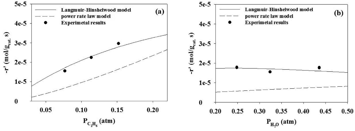 Comparison of power rate law and Langmuir-Hinshelwood model over steam reforming reaction of ethane ((a) constant concentration of steam, (b) constant concentration of ethane).