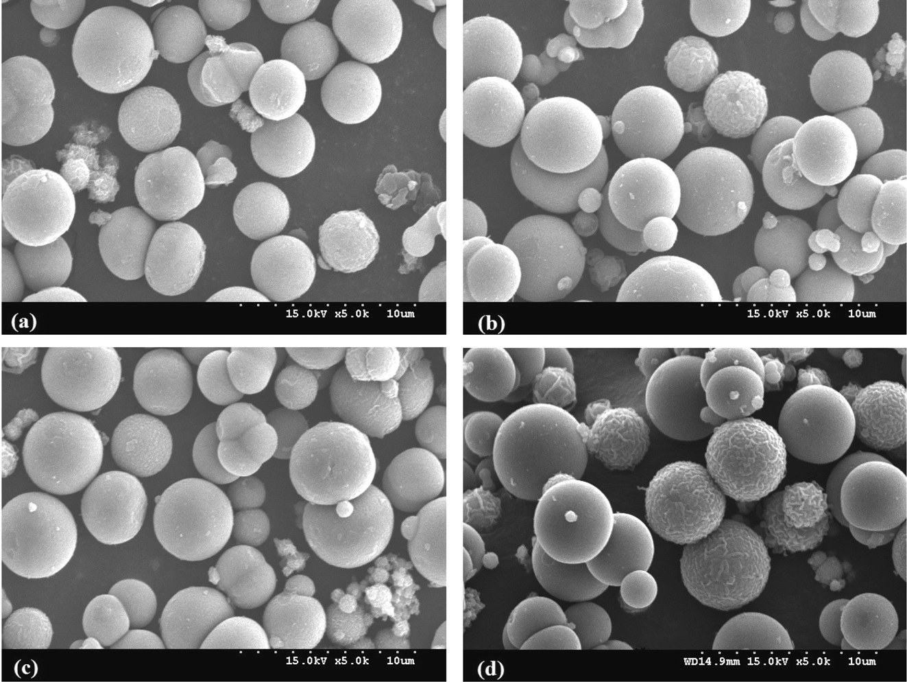 Scanning electron microscopy of PANI-TiO2 composites calcined at different calcination temperatures ((a) 350, (b) 450, (c) 550, and (d) 650 ℃).