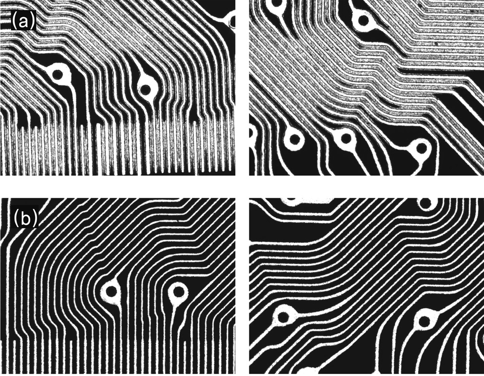 Optical micrographs (×50) of the patterns using H2SO4 type Pd activator (a) and HCl type Pd activator (b).
