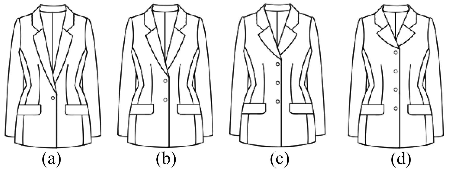Jacket styles; (a) 1-button jacket, (b) 2-button jacket, (c) 3-button jacket, (d) 4-button jacket.
