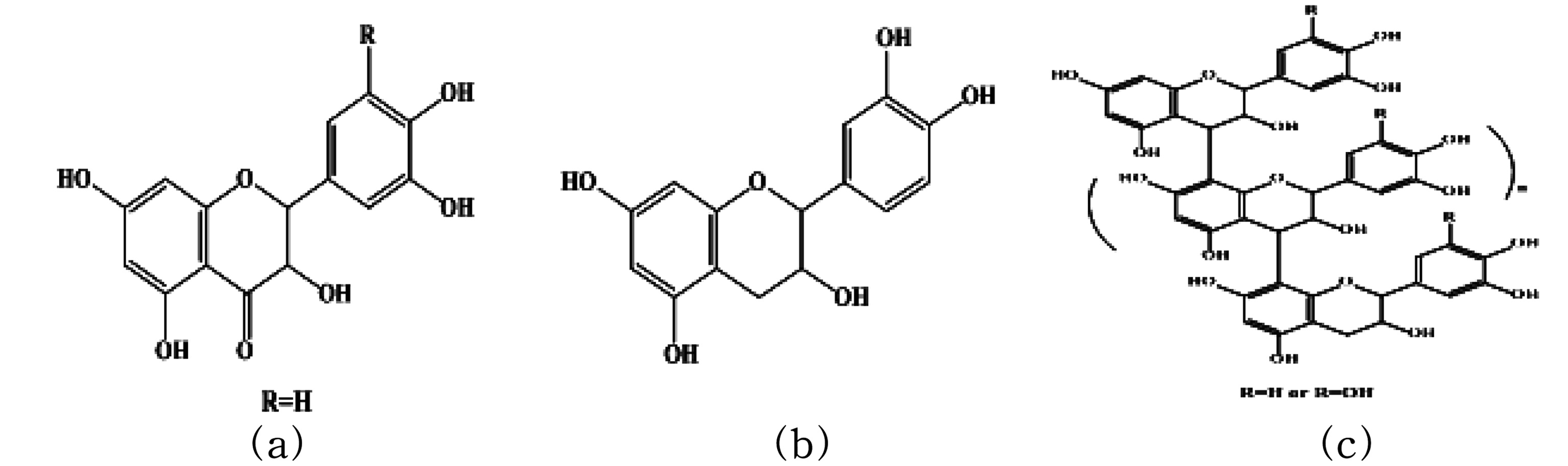 Chemical structure of Taxifolin (a), Epicatechin (b), Procyanidin (c).