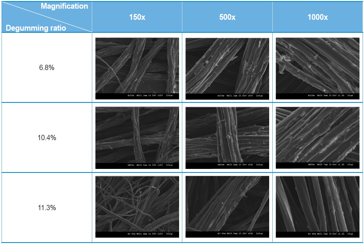 SEM images of degummed silk yarns with different degumming ratios and magnifications.