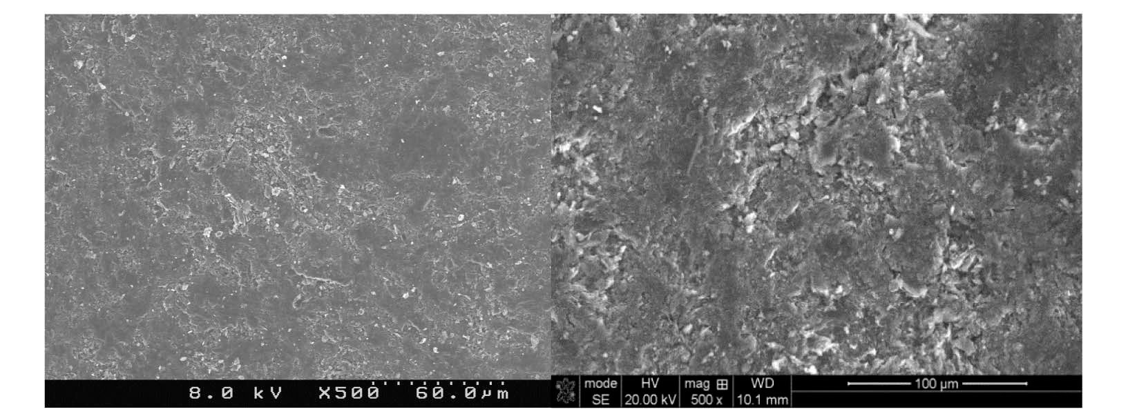 SEM Image of Unirradiated (Left) and Irradiated (Right) NBG-18 at 500x