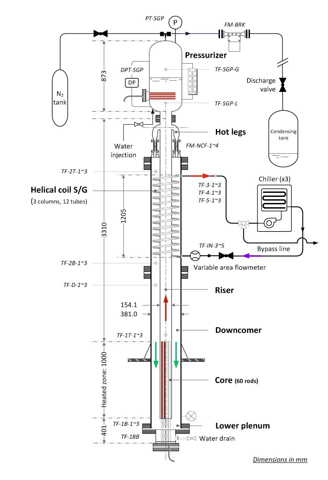 System configuration of RTF and Measurement Instrumentation (TF: Thermocouple for Fluid, PT: Pressure Transmitter, DPT: Differential Pressure Transmitter, FM: Flowmeter)