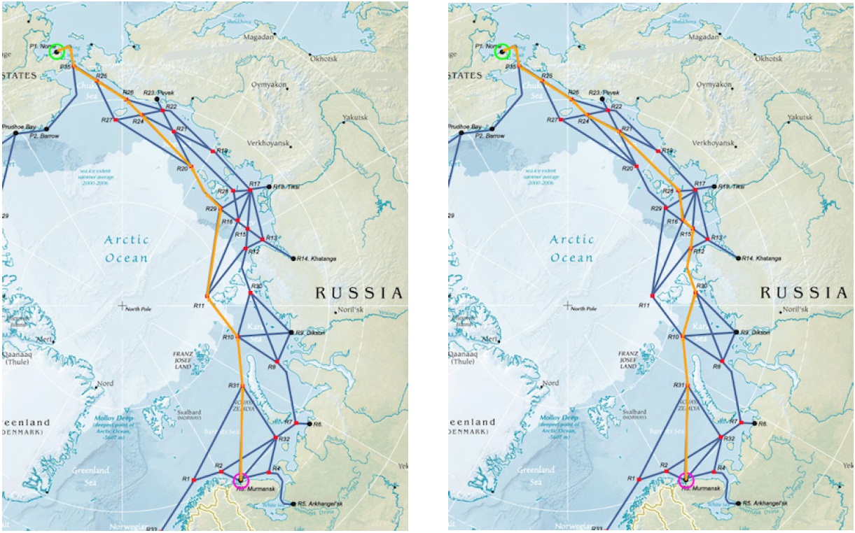 Optimal routes in April (left) and October (right), during the years 2000-2004.