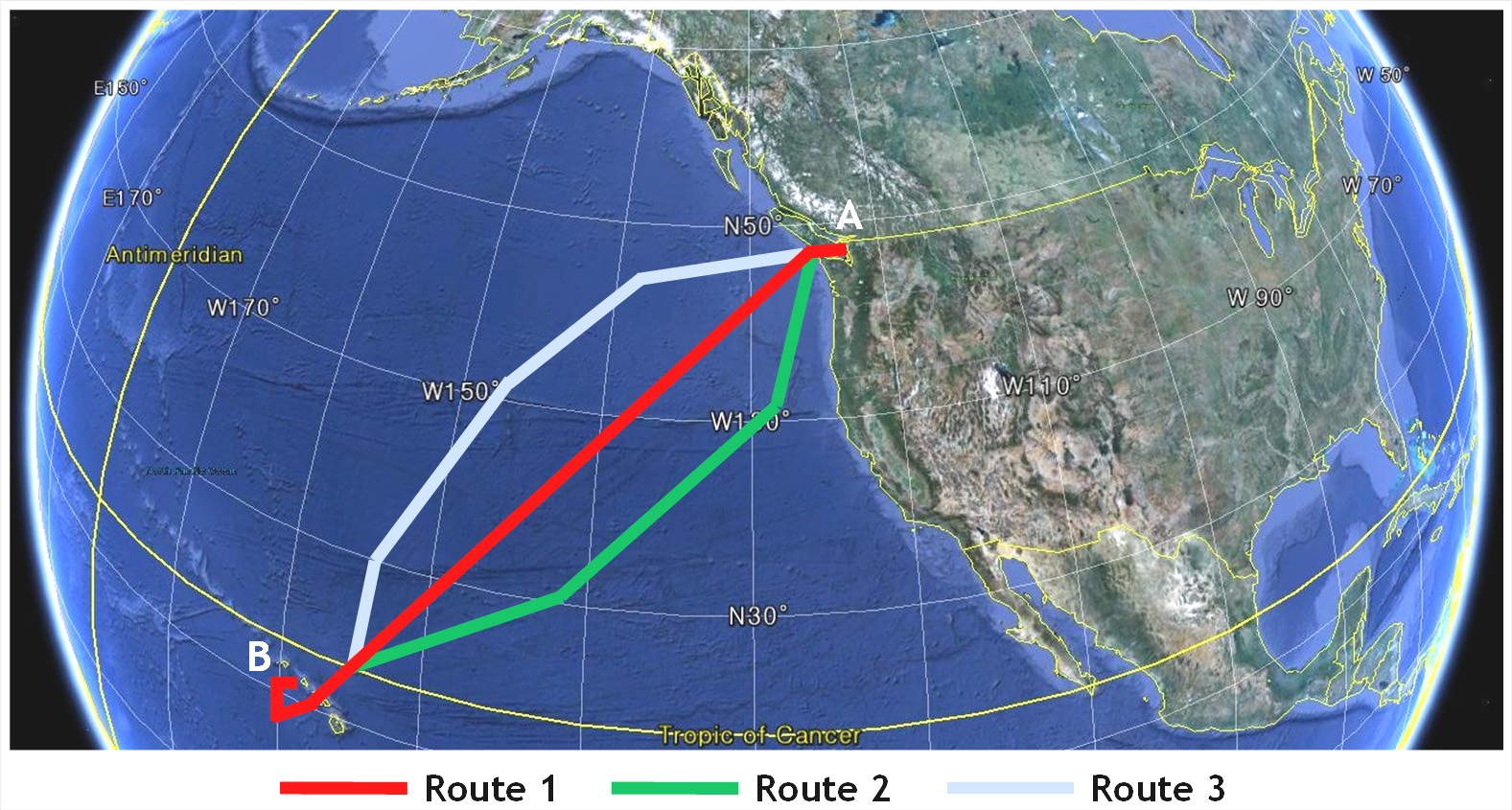 Example of the route between Honolulu and Seattle ocean areas.