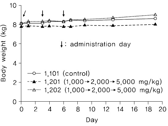 Body weights of male beagle dogs in single oral dose-increasing toxicity test.
