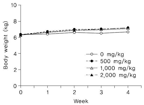 Body weights of female beagle in 4-weeks repeated oral dose determinating test.