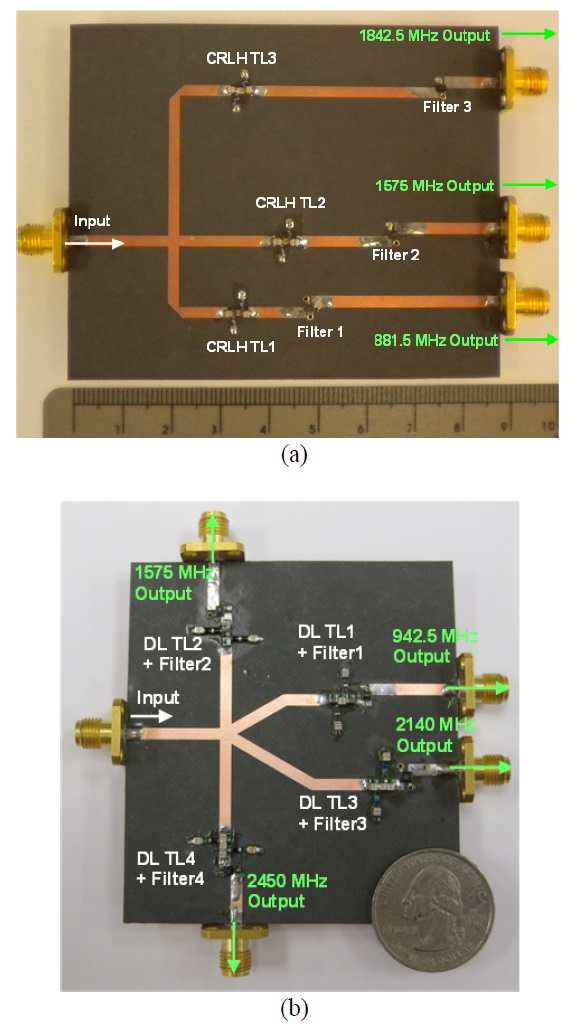 Fabricated star-junction multiplexers based on isolation circuits: (a) triplexer and (b) quadruplexer. (b) is from [13], reproduced by permission of ⓒ 2012 EuMA.