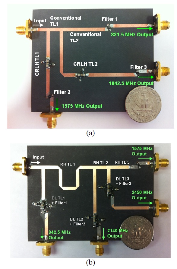 Fabricated manifold-junction multiplexers based on isolation circuits: (a) triplexer and (b) quadruplexer. (a) is from [14], reproduced by permission of ⓒ 2012 IEEE. (b) is from [15].