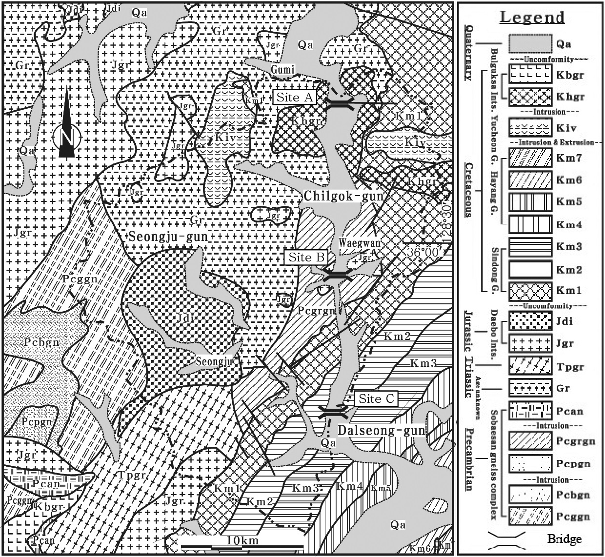 Geological map of the study area, slightly modified from [16, 17].