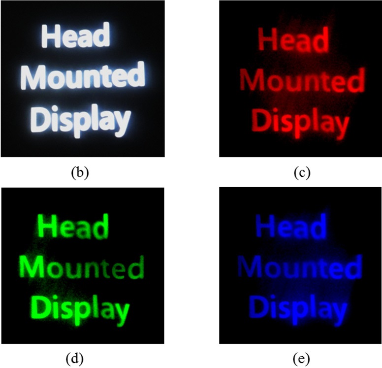 Experimental results (a) using monochromatic HOE for the HMD system, (b) input image (white), (c) output image for red (d) green, and (e) blue HOE.