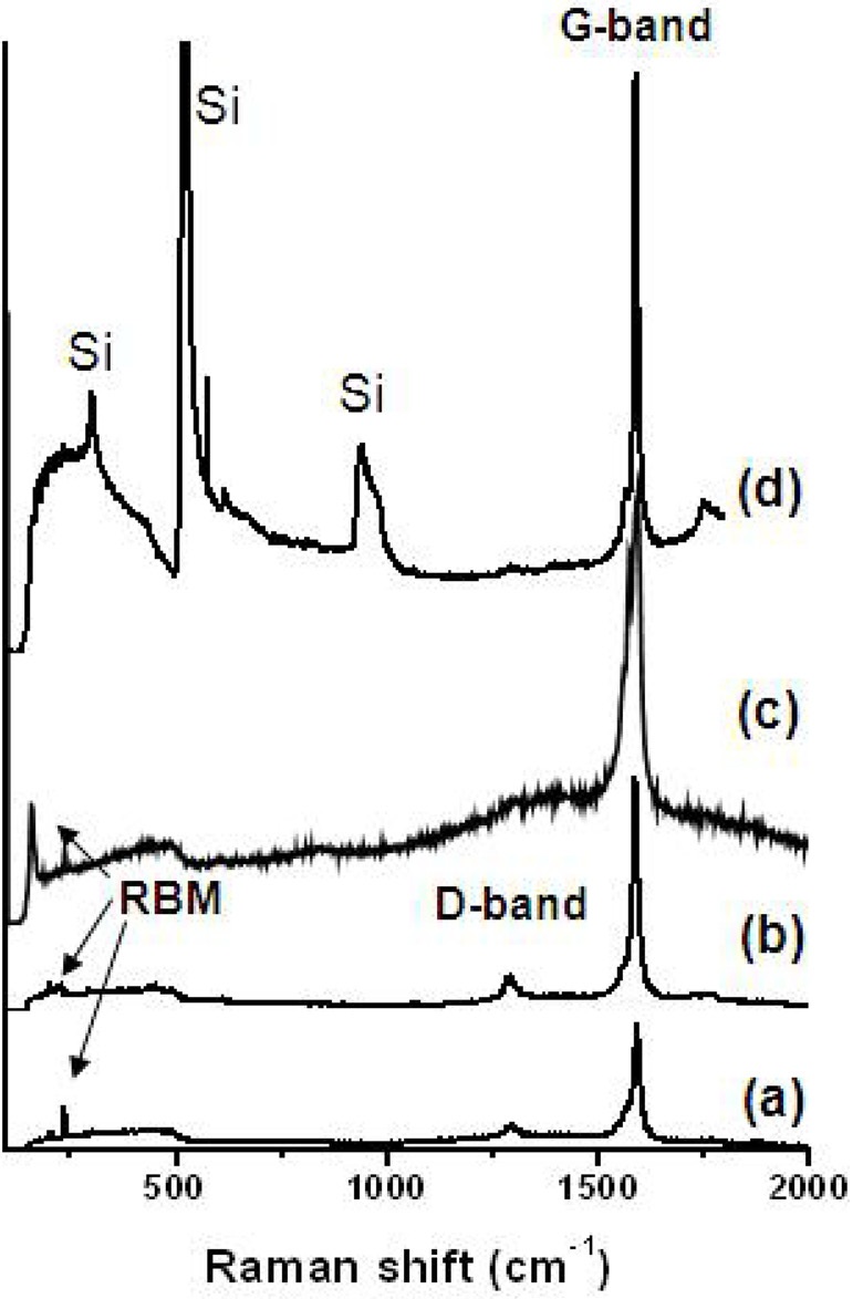 Raman spectra of isolated single wall carbon nanotubes grown
on quartz (a-c) and oxidized silicon (d) substrates. RBM: radial breathing
mode.