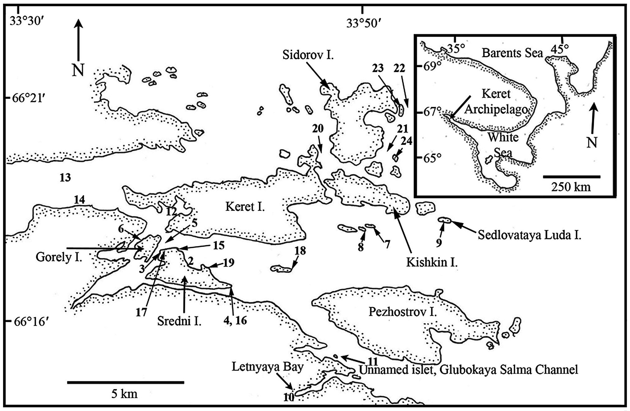 Map of northwestern Russia showing location of Keret Archipelago in the White Sea (A) with enlargement of Keret Archipelago (B) showing primary collection sites. Site 1 (Chupa) is off the map to the west in the channel indicated by site 13.