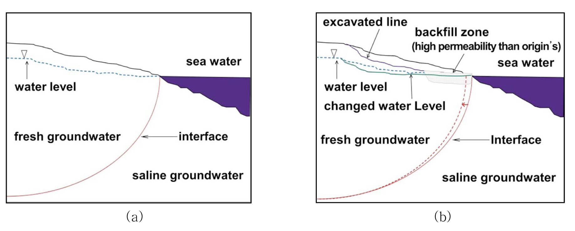 A simplified Conceptual Model for (a) Original Water Level and Interface between Fresh and Saline Groundwater in Natural Condition and (b) Changed Water Level and Interface after Construction Activities Such as Artificial Slope Cut, Excavation and Backfill with High Permeability Media, and Reclamation.