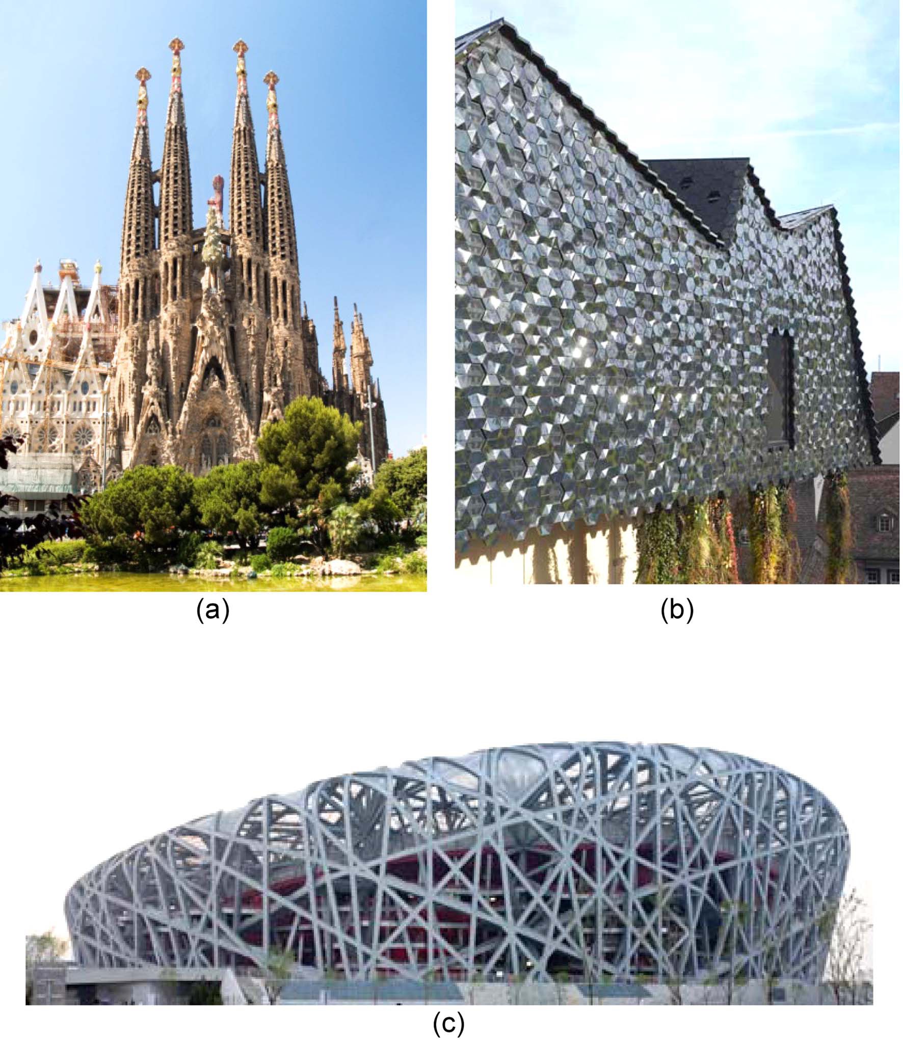 Innovative textures in architecture design. (a) La Sagrada Familia, A. Gaudi and others, 1893-present, Barcelona. architecture.about.com, (b) Museum der Kulturen by Herzog and de Meuron. www.dezeen.com, (c) Bird’s Nest by Herzog and de Meuron. www. dezeen.com.