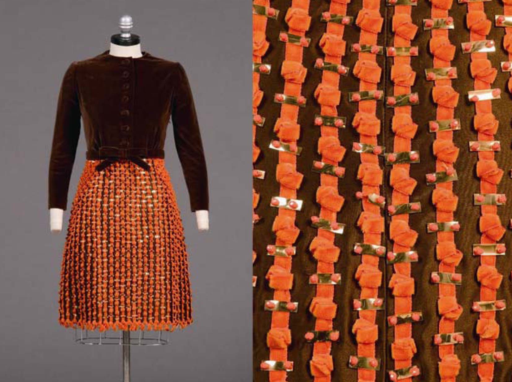 Texture decoration with metal plates and velvet ribbons, Arnold Scassi, 1965-67. blog.fidmmuseum.org.