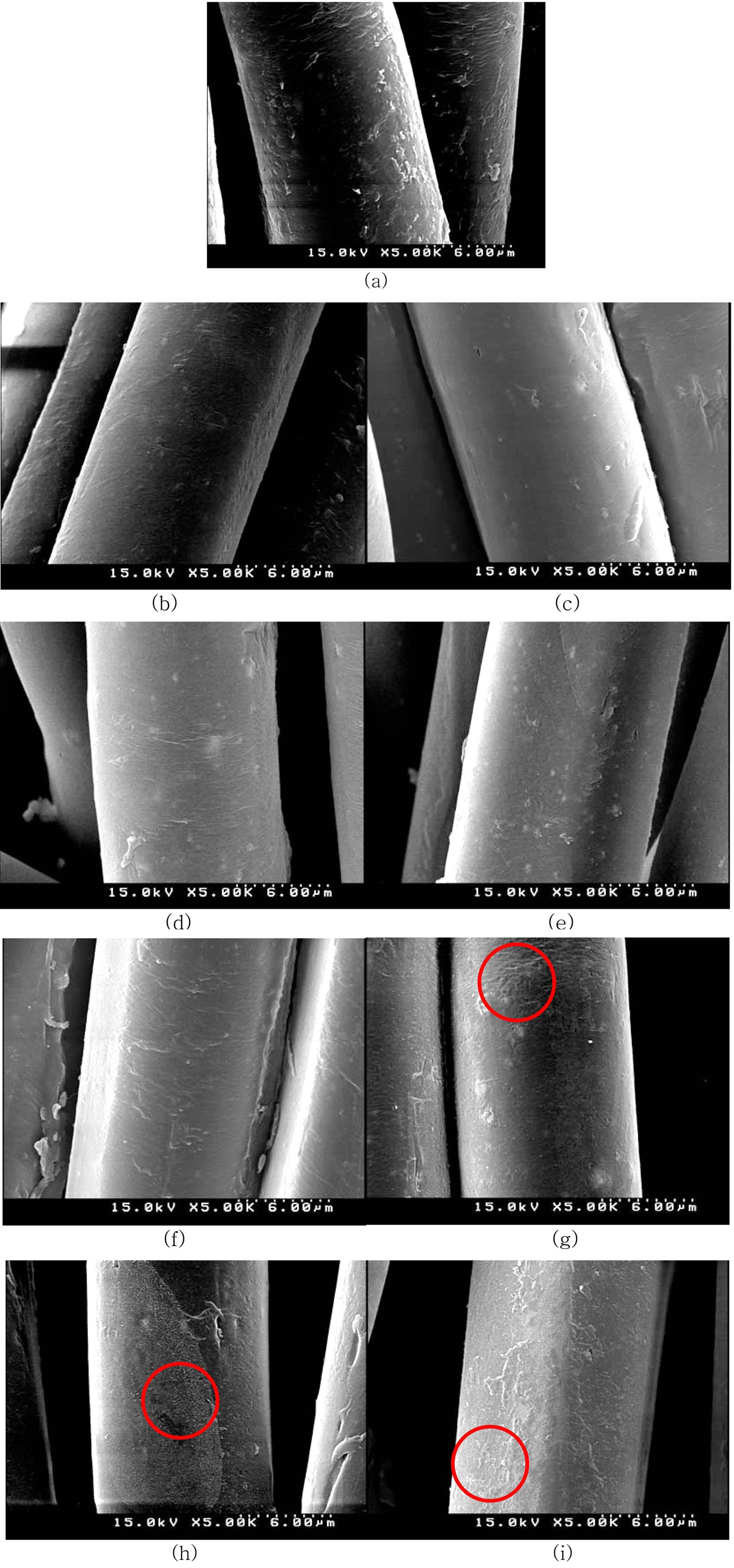 SEM photographs of nylon/PU water repellent blended fabric treated with low temperature plasma at the condition of 50, 100W power; (a) Untreated, (b) 50W 1min, (c) 50W 3min, (d) 50W 5min, (e) 50W 7min, (f) 100W 1min, (g) 100W 3min, (h) 100W 5min, (i) 100W 7min.