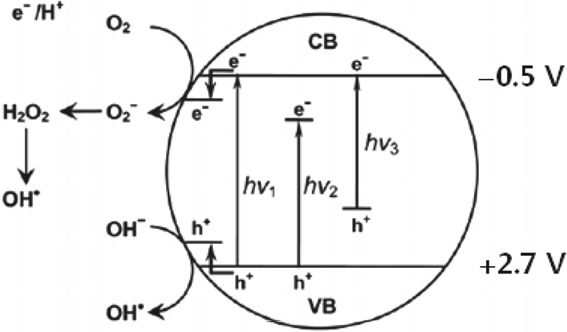 Electron excitation mechanism of TiO2 photocatalysis: hν1: pure TiO2; hν2: metal-doped TiO2 and hν3: nonmetaldoped TiO2. It is adaped from the reference[3]. The CB and VB represent conduction band and valence band, respectively.